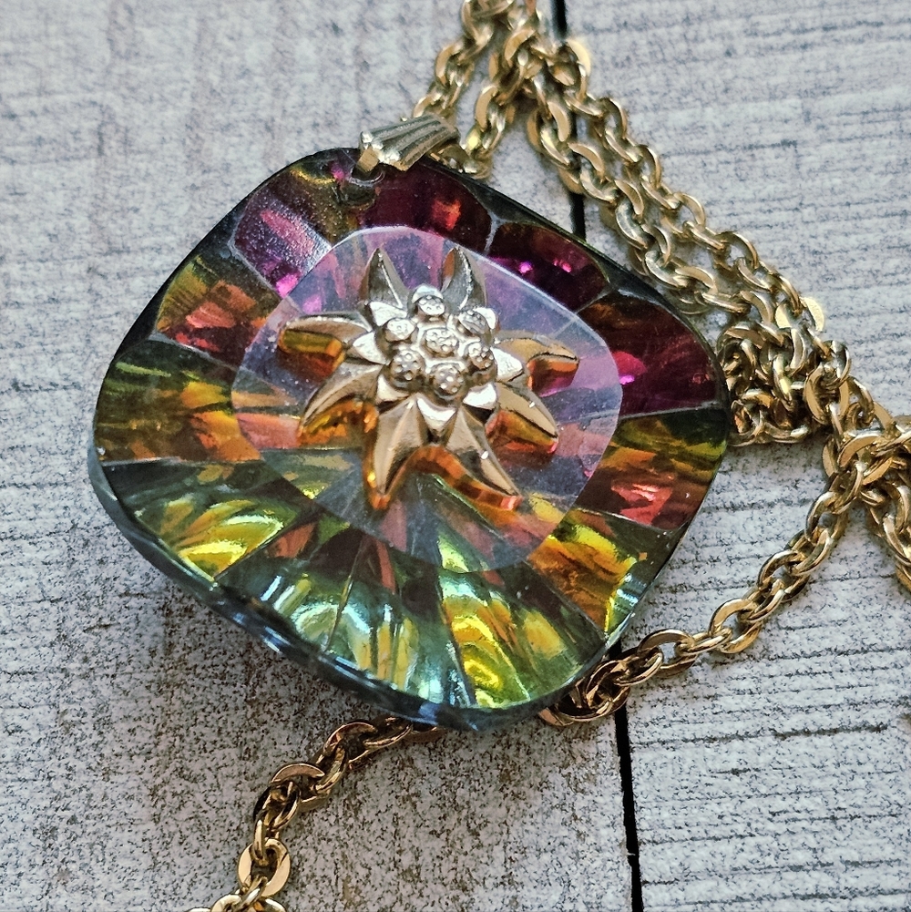 Vintage German Watermelon Glass Pendant With Edelweiss Flower.